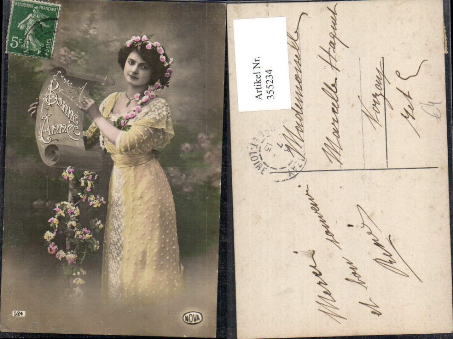 355234,Frau Kleid Blumen i. Haar Papierrolle Schriftrolle Bonne Annee