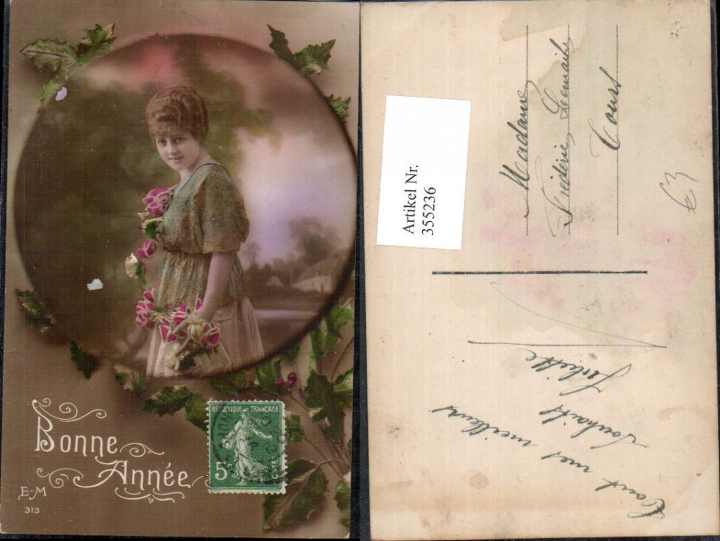 355236,Foto Ak Frau Kleid Rosenkette Blumen Rosen Passepartout Bonne Annee