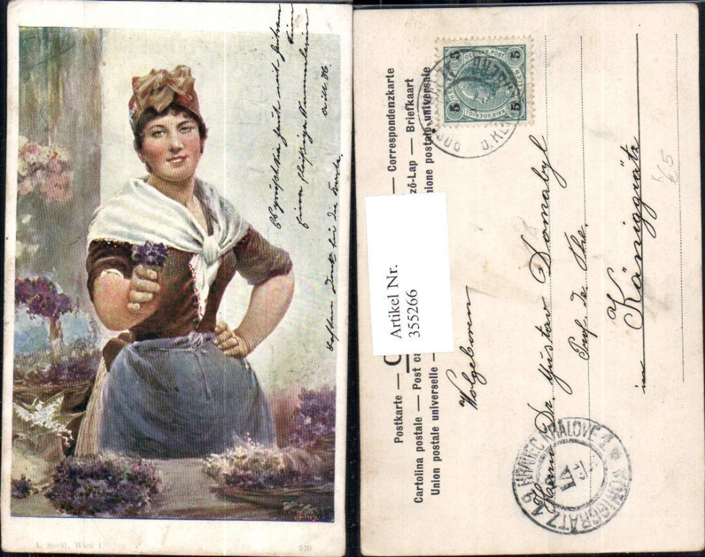 355266,Künstler Ak Frau Haube Kopfbedeckung Tracht Blumentopf