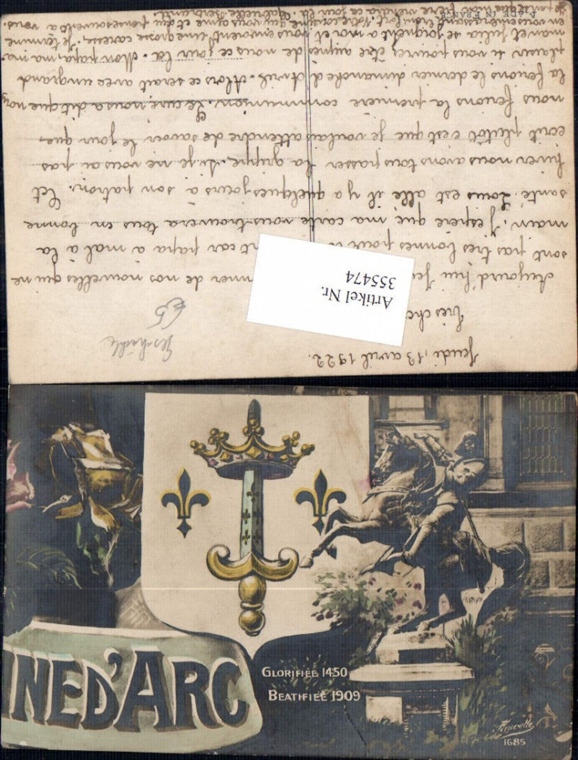 355474, Artist Ak Ined Arc Glorifiee 1450 Beatifiee 1909 Equestrian Monument Sword Crown History