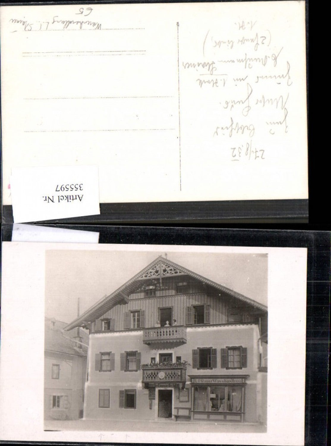 355597,Foto Ak Reklame L. I. Stainer Warenhandlung 1932 Ansicht Haus Leute a. Balkon