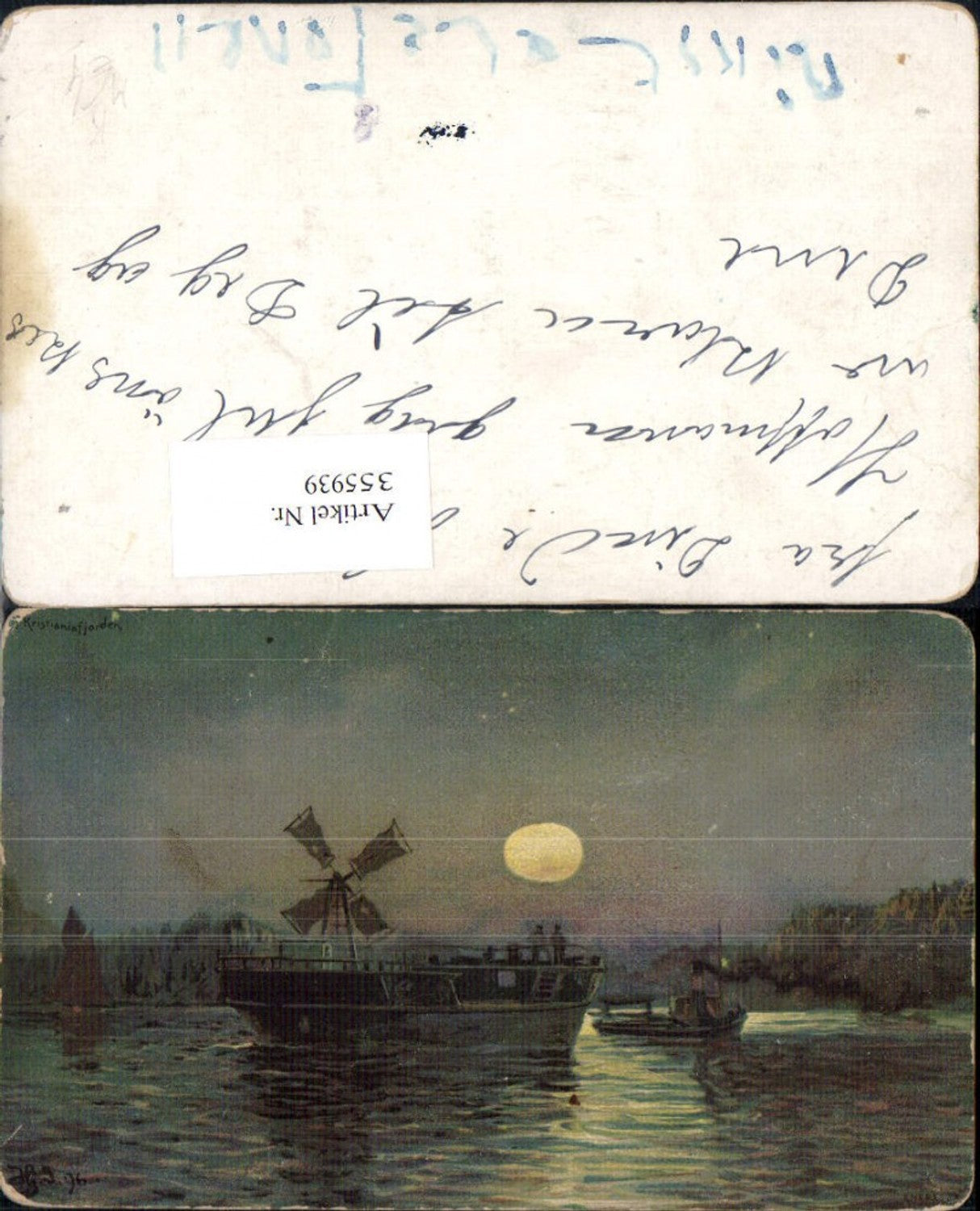 355939,Künstler Ak Windmühle Schiff Dampfer b. Mondschein