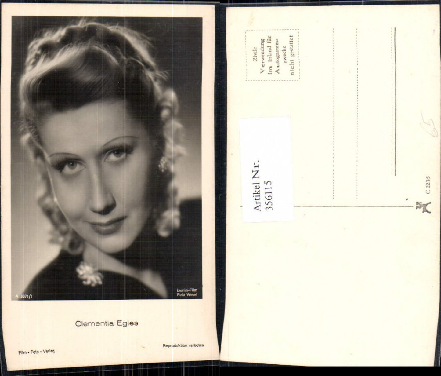 356115,Schauspielerin Clementia Egies pub Film Foto Verlag A 3871/1