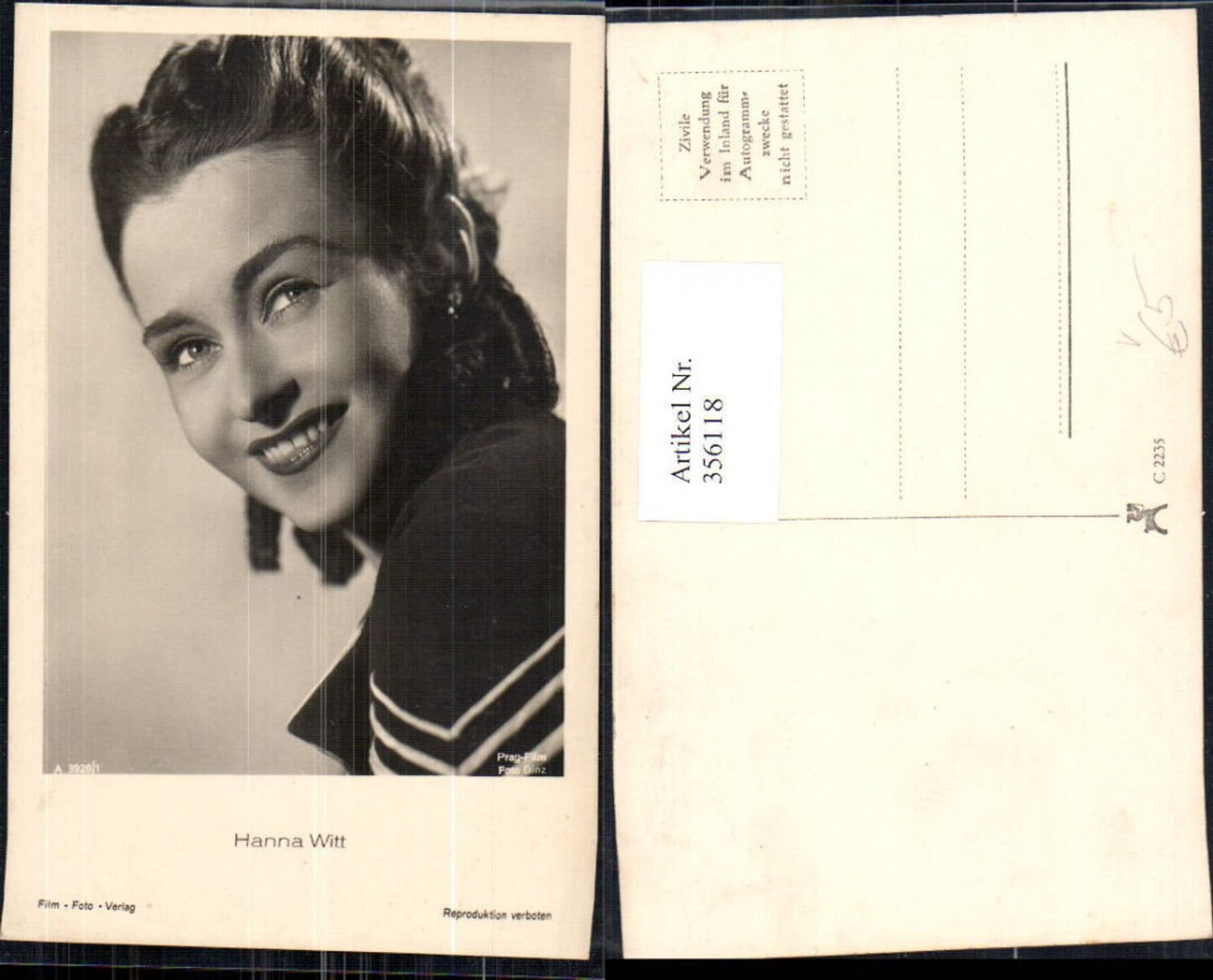 356118,Schauspielerin Hanna Witt pub Film Foto Verlag A 3928/1