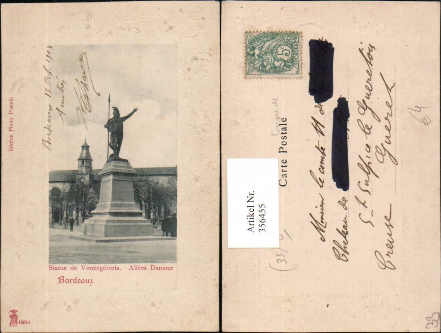 356455,Präge AK Aquitanien Gironde Bordeaux Statue de Vercingetoria Denkmal