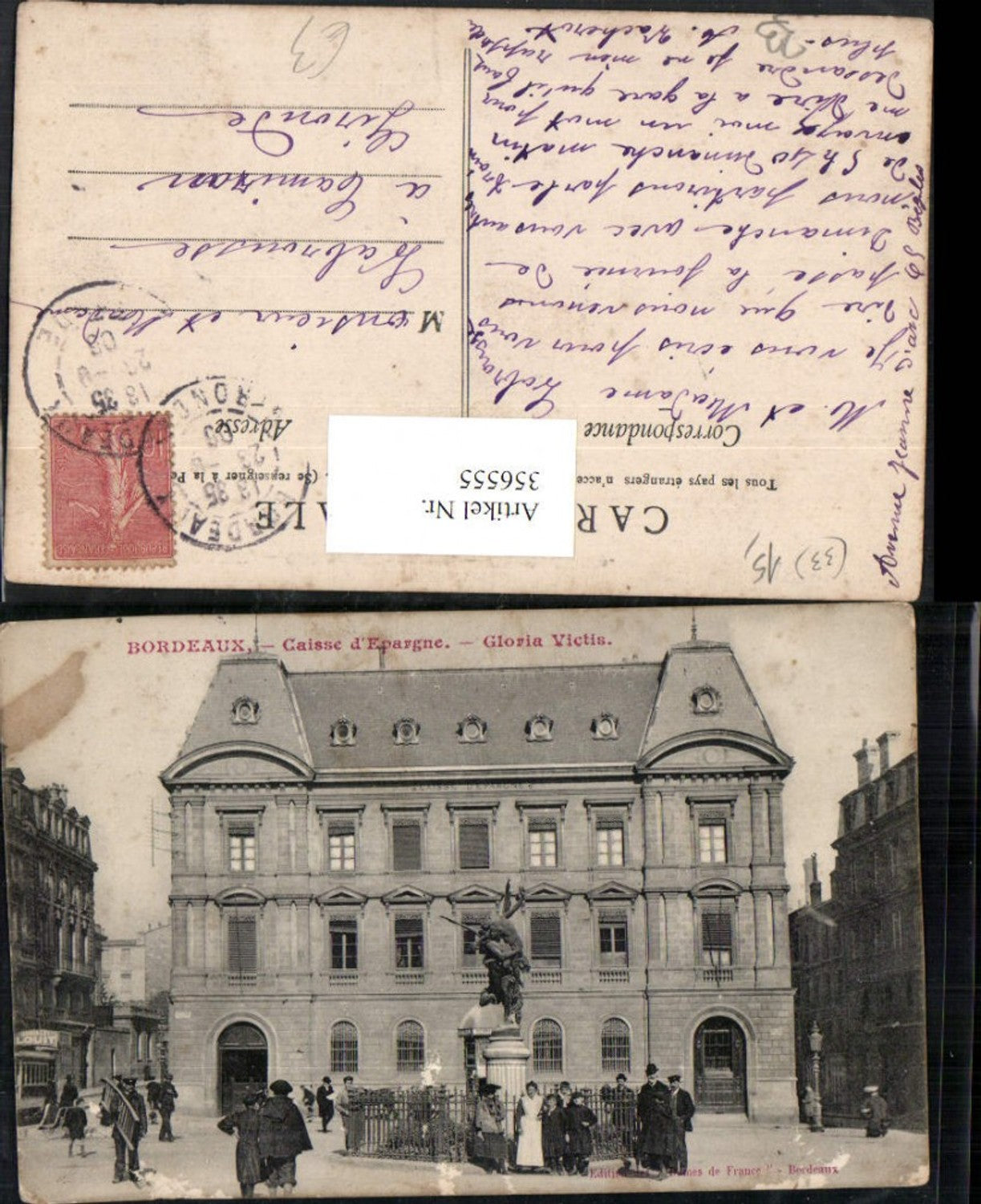 356555,Aquitanien Gironde Bordeaux Caisse d'Epargne Gloria Victis Gebäude Statue