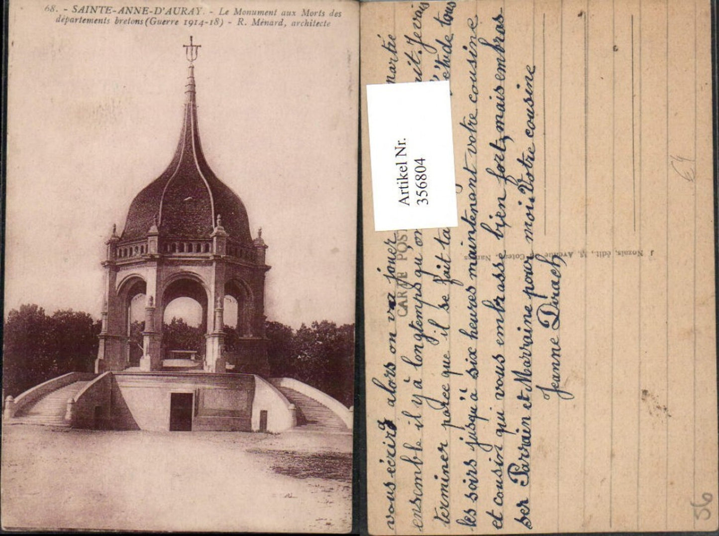 356804,Bretagne Morbihan Sainte-Anne-d'Auray Le Monument aux Morts Kriegerdenkmal