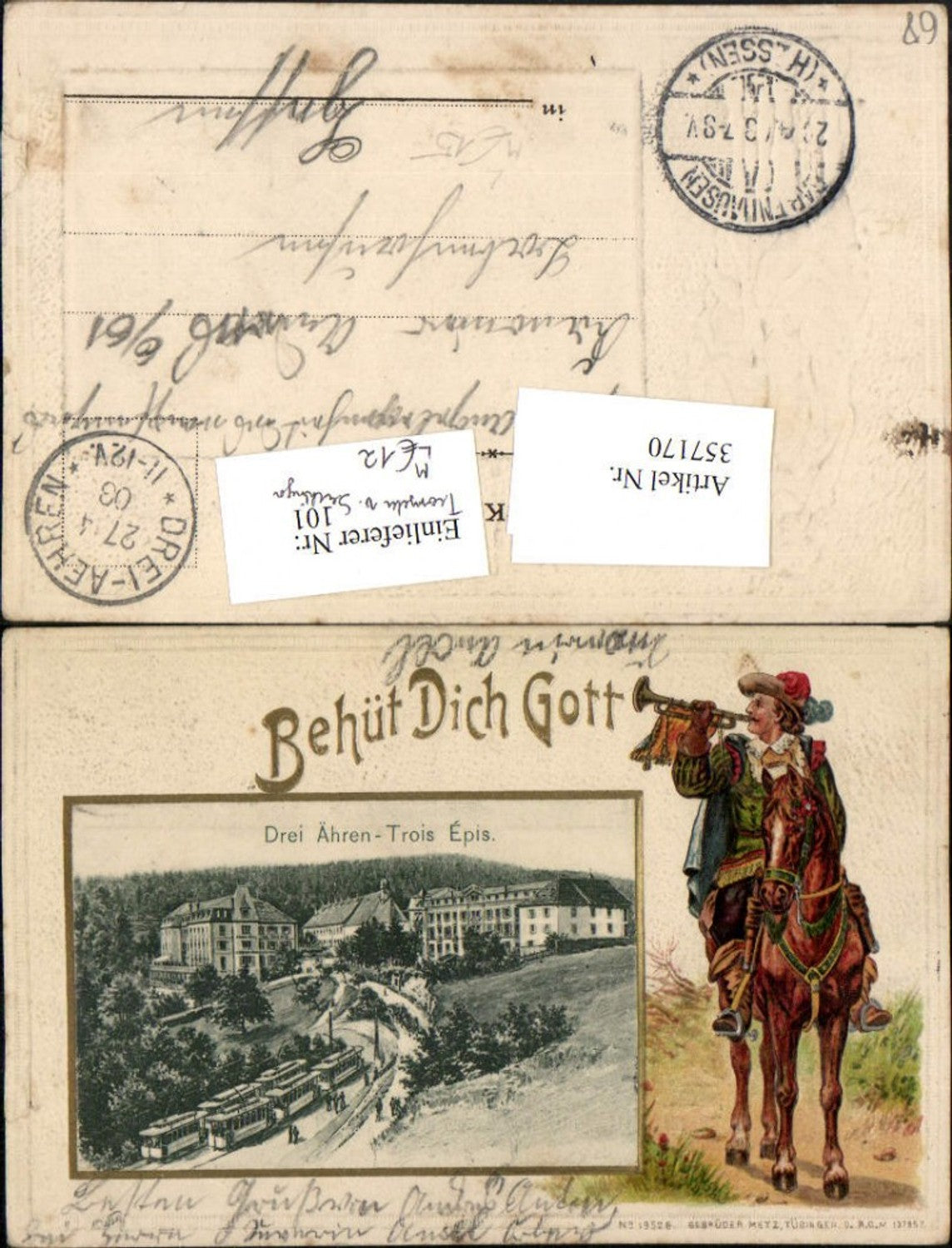 357170,Präge Litho Elsass Haut-Rhin Drei Ähren Trois Epis Trompeter v. Säckingen Pferd