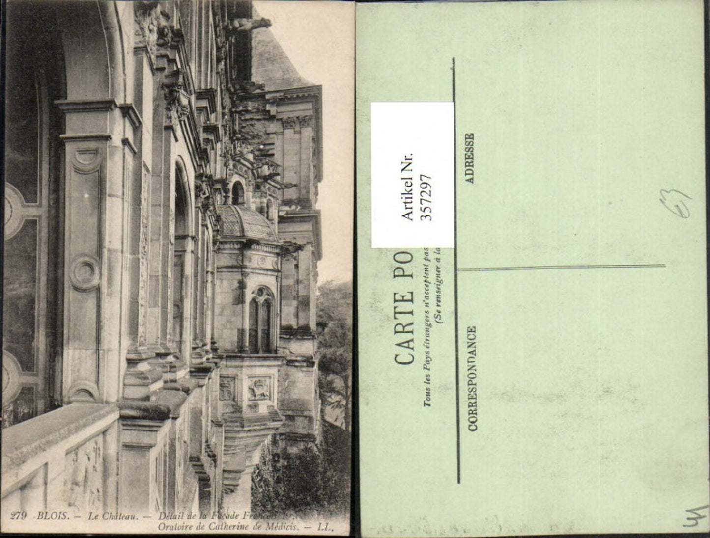 357297,Centre Loire-et-Cher Blois Chateau Detail de la Facade Oratoire de Catherine Medicis