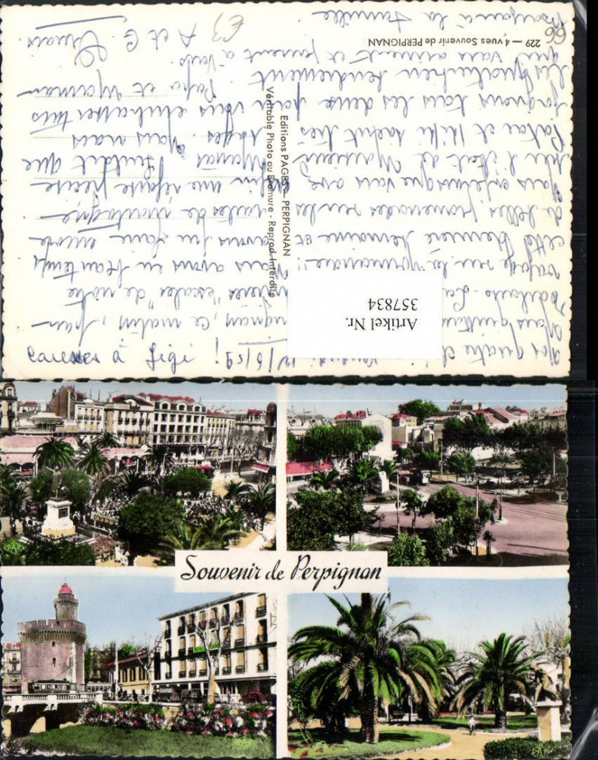 357834,Languedoc-Roussillon Pyrenees-Orientales Perpignan Hotel Denkmal Turm Palmen Mehrbildkarte