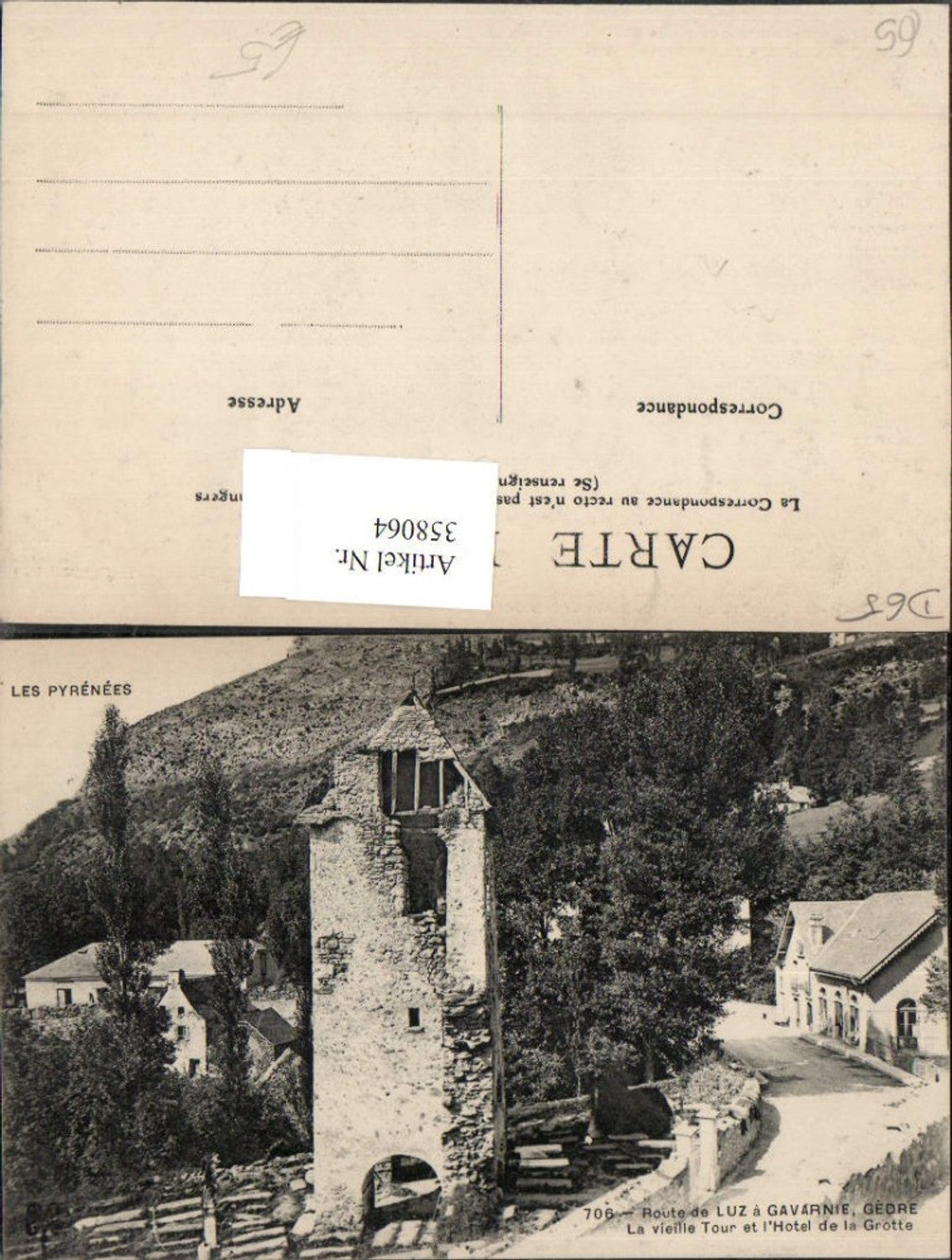 358064,Midi-Pyrenees Hautes-Pyrenees Route Luz a Gavarnie La vieille Tour et Hotel de la Grotte Turm
