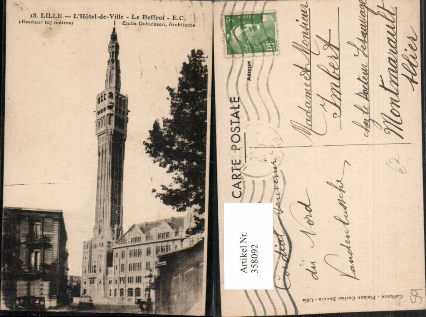 358092,Nord-Pas-de-Calais Nord Lille L'Hotel de Ville Le Beffroi Rathaus Turm