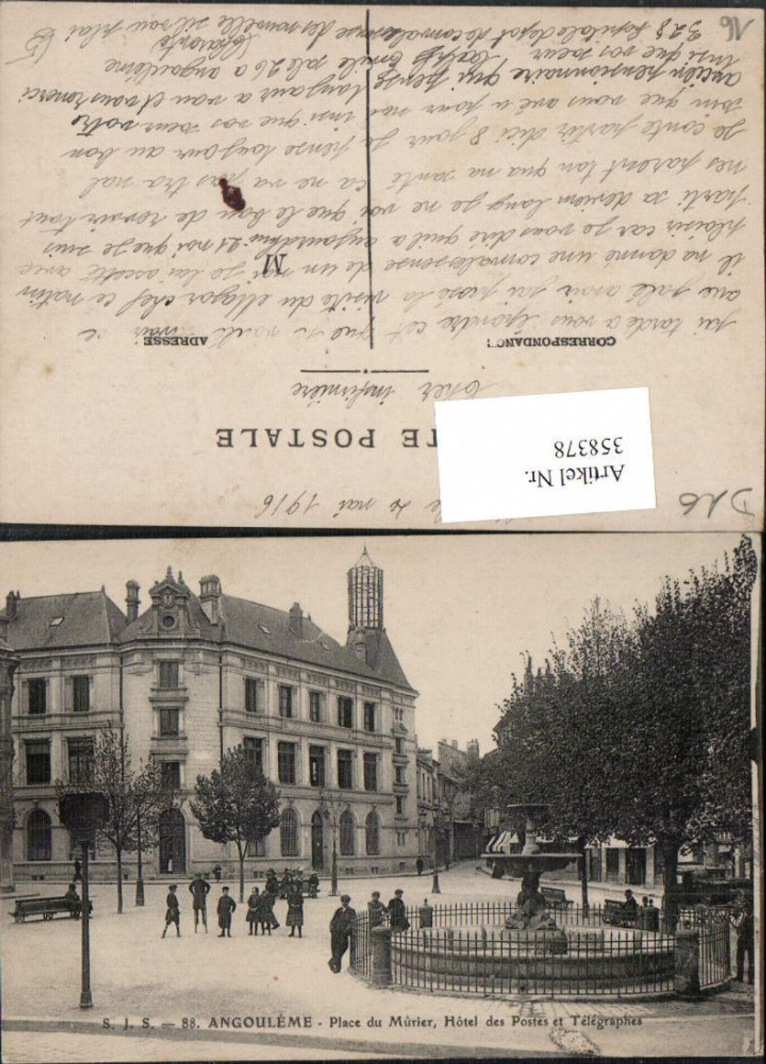 358378,Poitou-Charentes Charente Angouleme Place Murier Hotel des Postes Postamt Brunnen