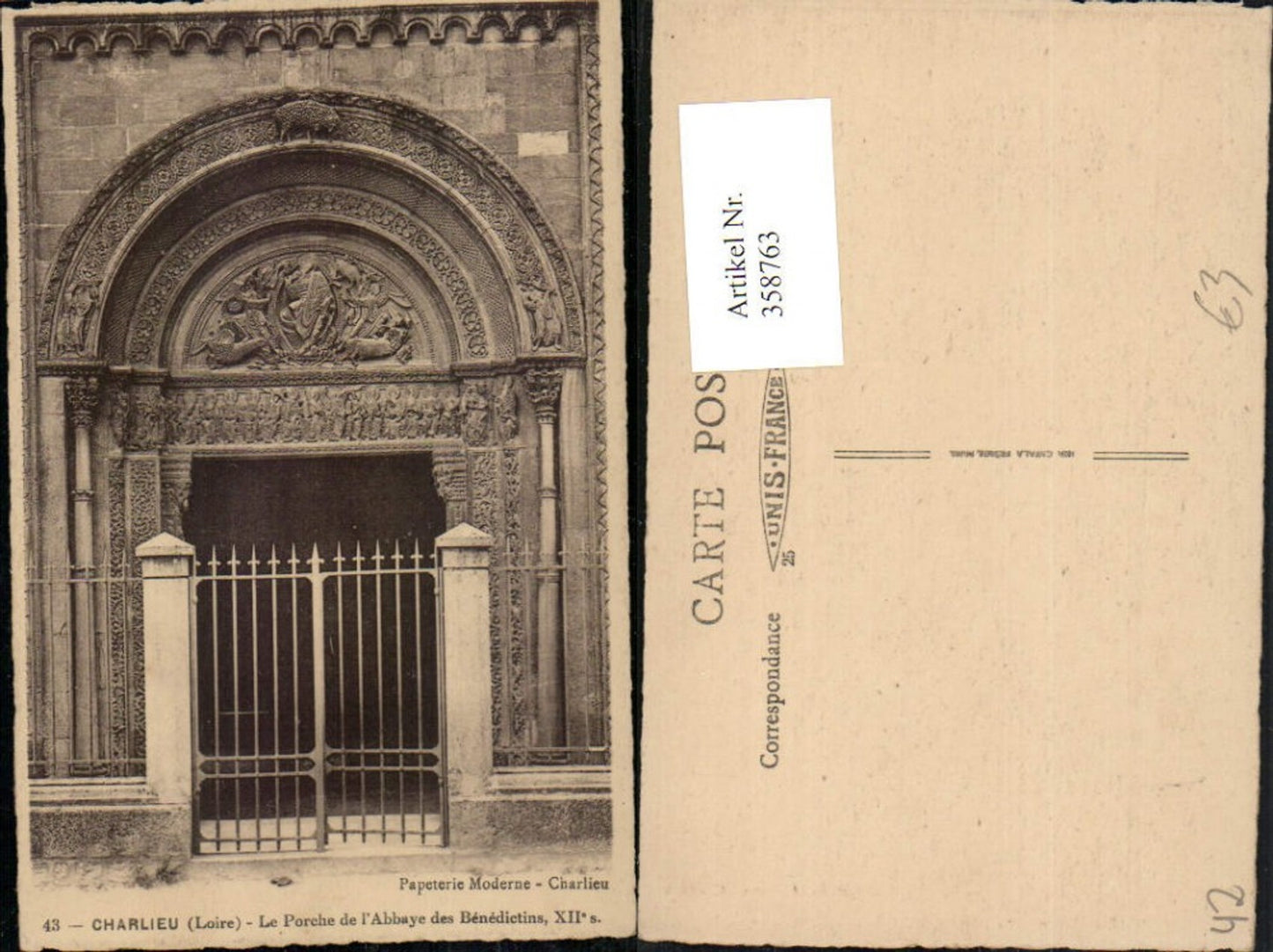 358763,Rhone-Alpes Loire Charlieu Le Porche de l'Abbaye de Benedictins Abtei Portal