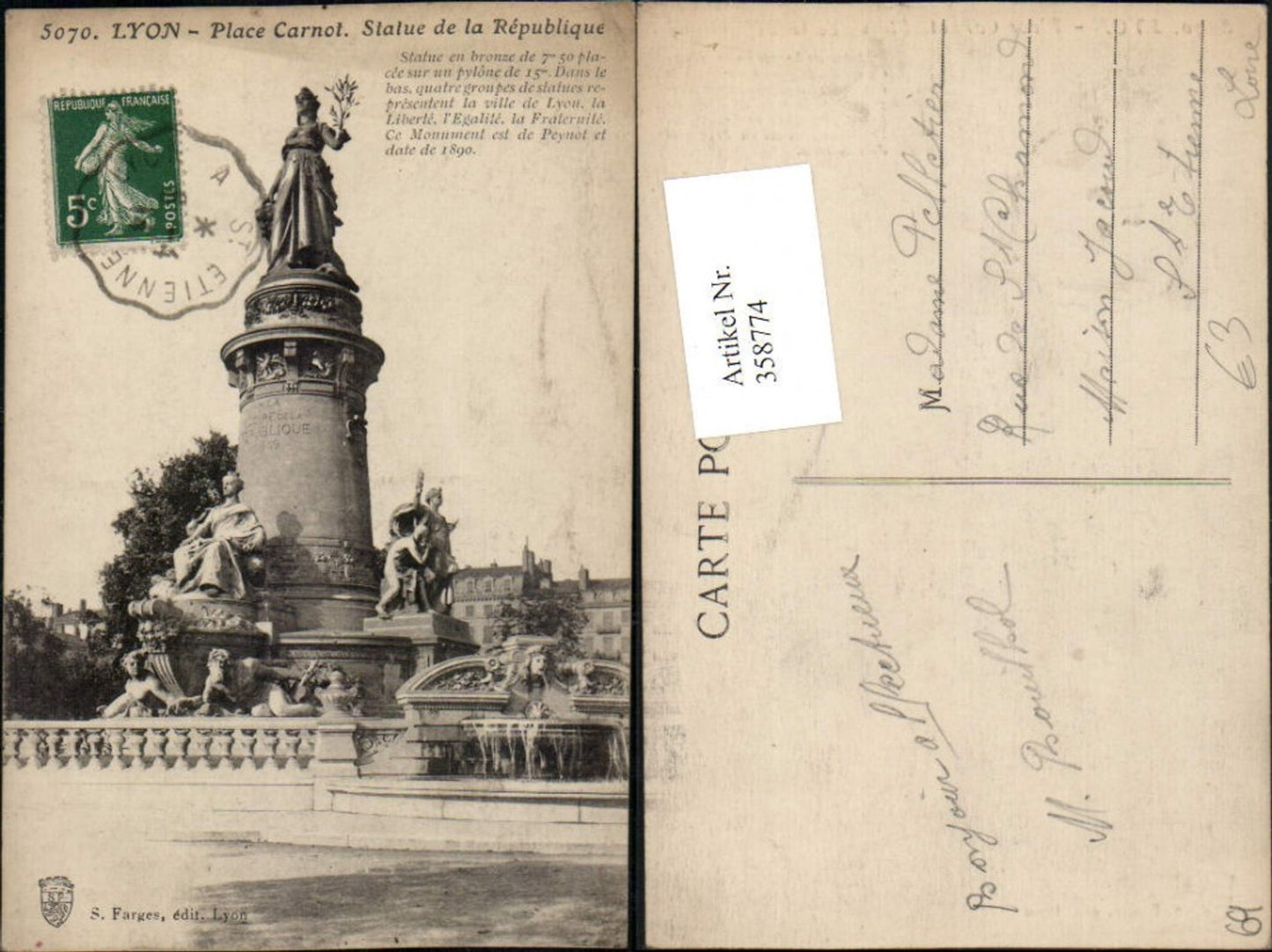 358774,Rhone-Alpes Rhone Lyon Place Carnot Statue de la Republique Monument