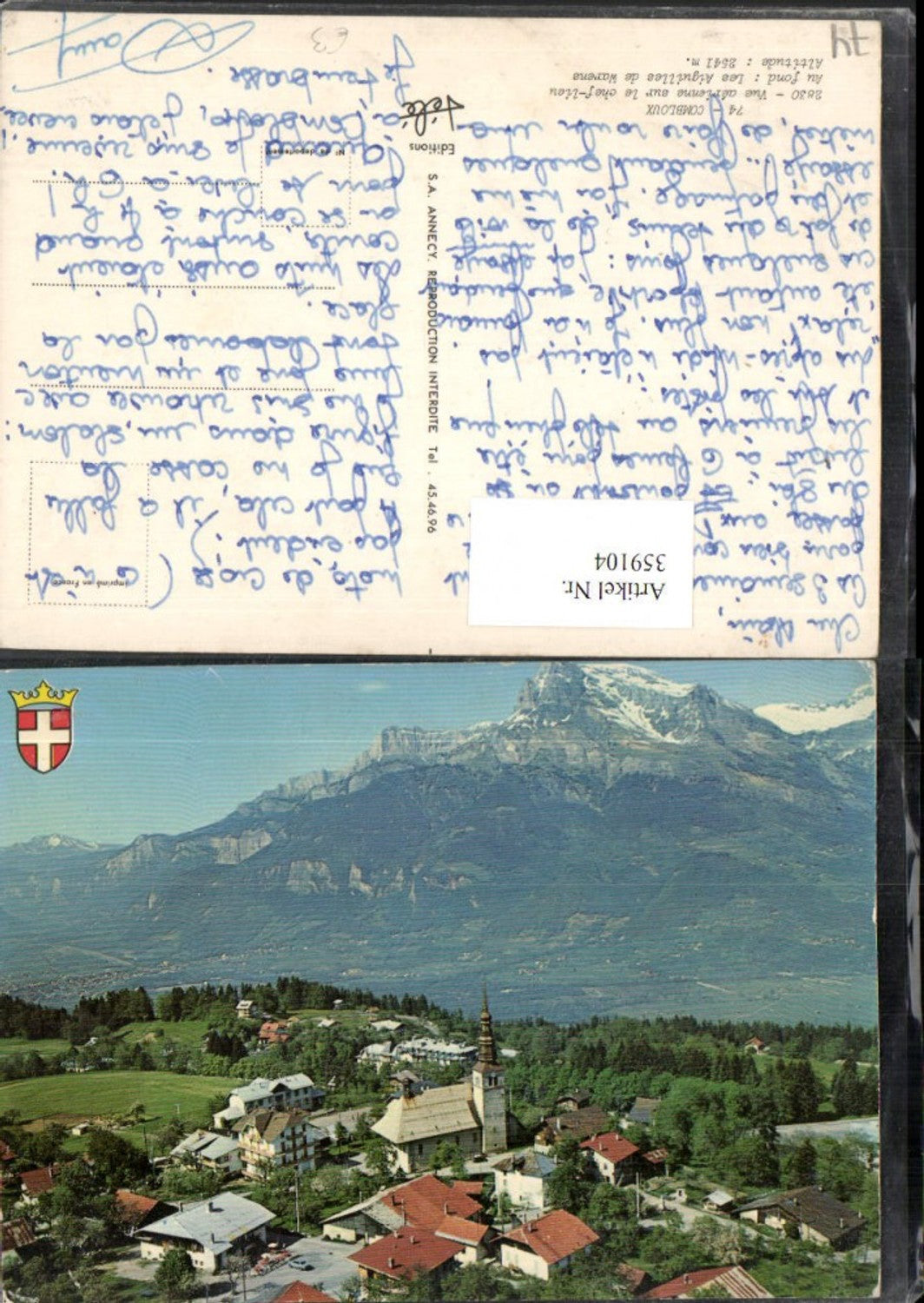 359104,Rhone-Alpes Haute-Savoie Combloux vue sur le chef-lieu Totale Bergkulisse