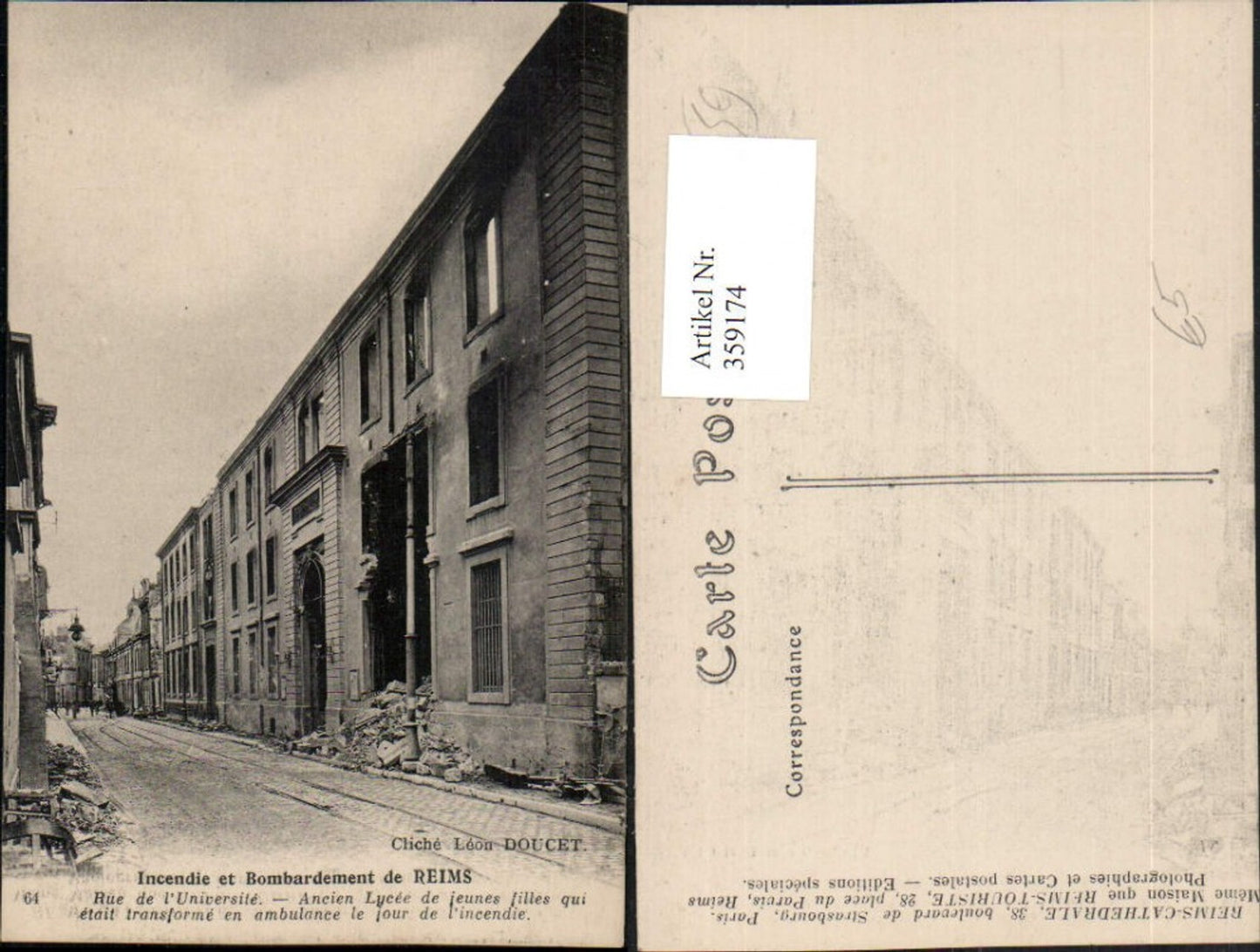 359174,Champagne-Ardenne Marne Incendie et Bombardement de Reims Rue Universite Zerstörung