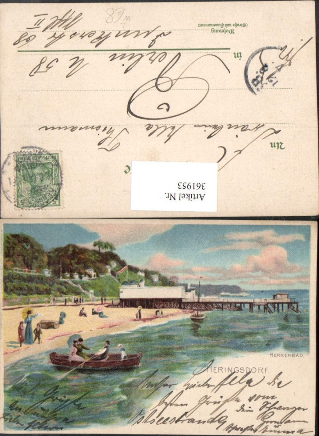 361953,Litho Heringsdorf Herrenbad Strand Strandleben Ruderboot