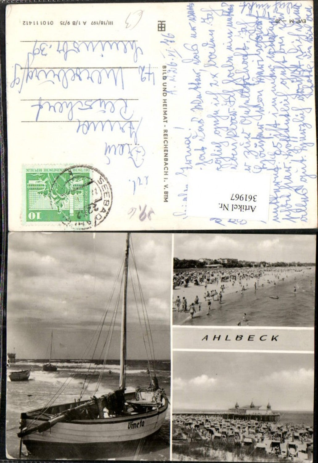 361967,Ahlbeck Strand Strandleben Seebrücke Segelboot Vineto Mehrbildkarte