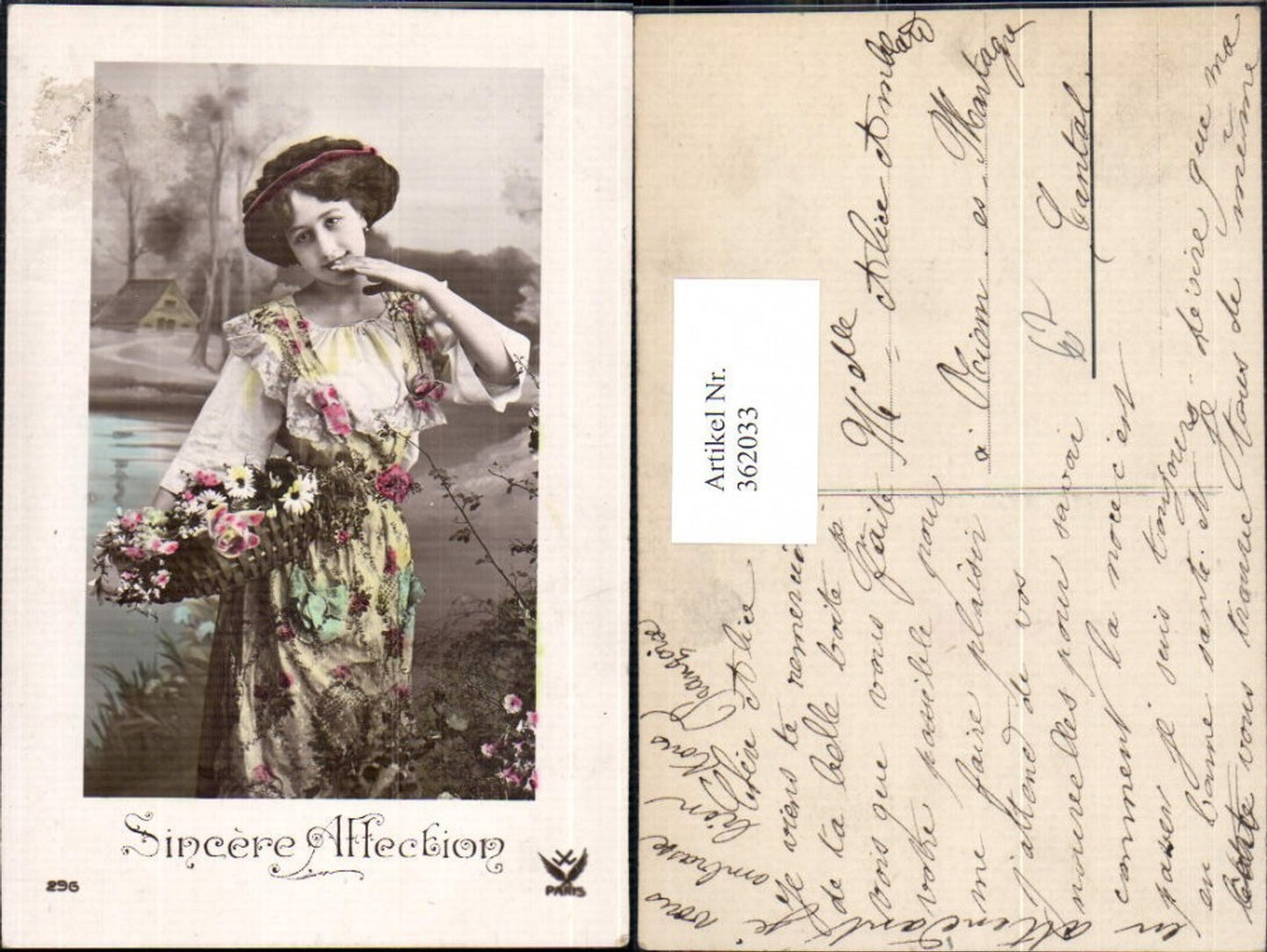 362033, Woman's dress, headband, basket with flowers, roses, daisies