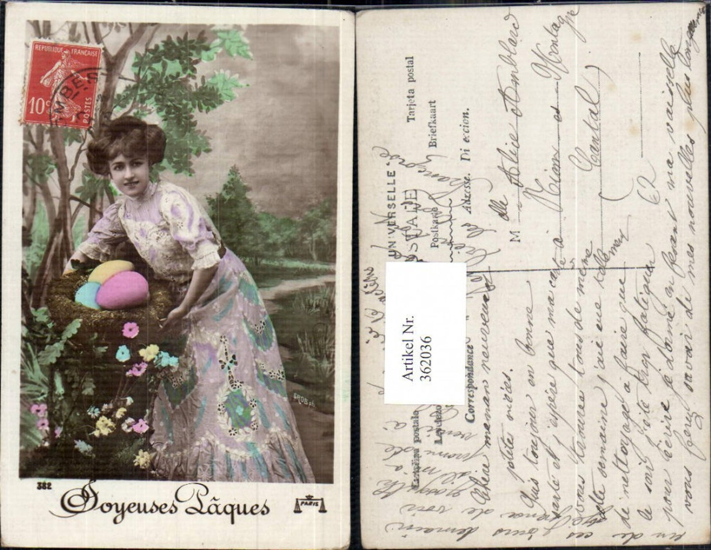 362036,Frau Kleid Korb m. Eier Ostereier Joyeuses Paques