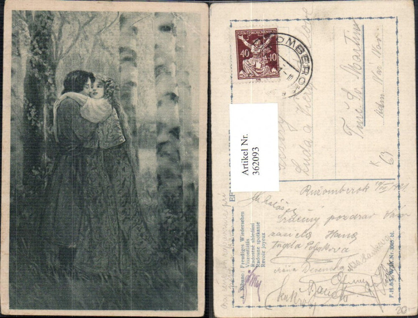 362093,Künstler Ak A. Ribano Freudiges Wiedersehen Liebe Paar Umarmung b. Bäumen Birken Wald