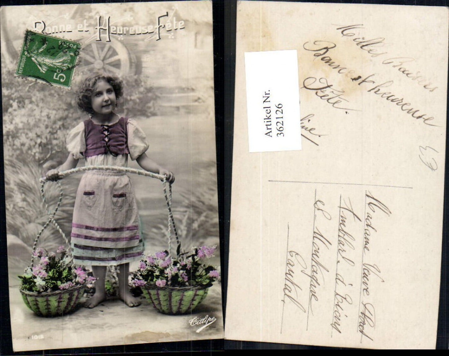 362126,Kind Mädchen Tracht Tragejoch Korb m. Blumen Bonne et Heureuse Fete