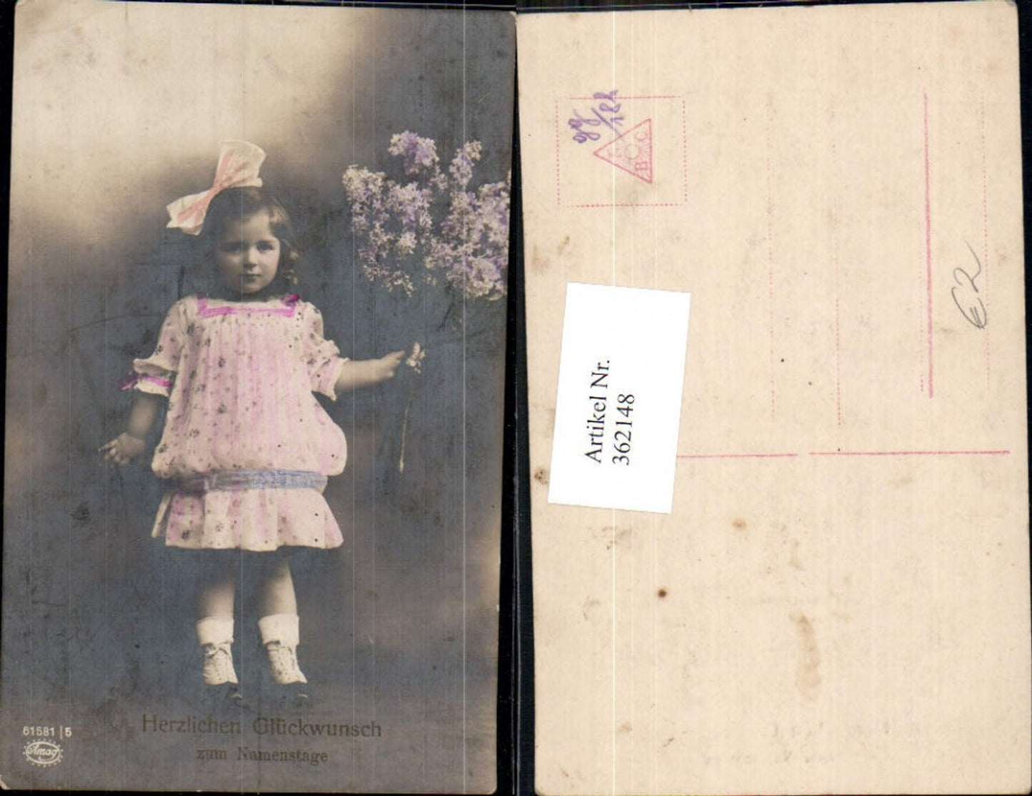 362148, Photo Ak Child Girl Hair Bow Dress Bouquet Lilac Name Day