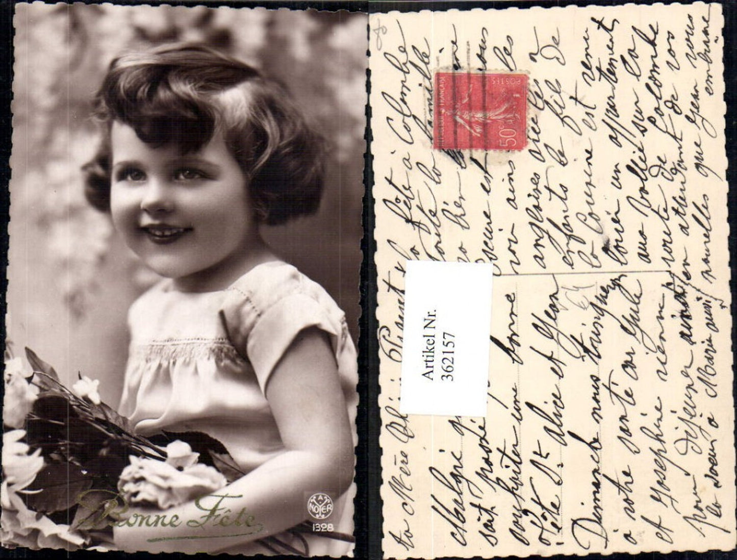 362157,Kind Lachendes Mädchen Blumen Blumenstrauß Portrait Bonne Fete pub A. Noyer 1328