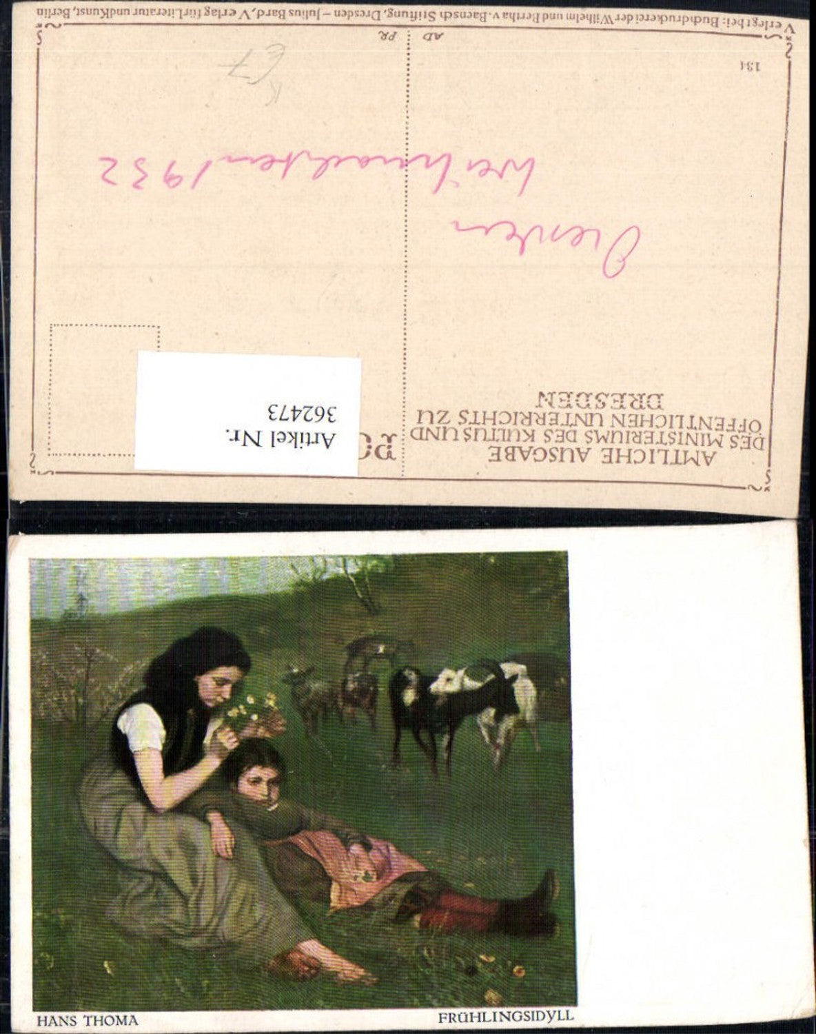 362473,Künstler Ak Hans Thoma Frühlingsidyll Frau Mädchen Ziegen a. Weide