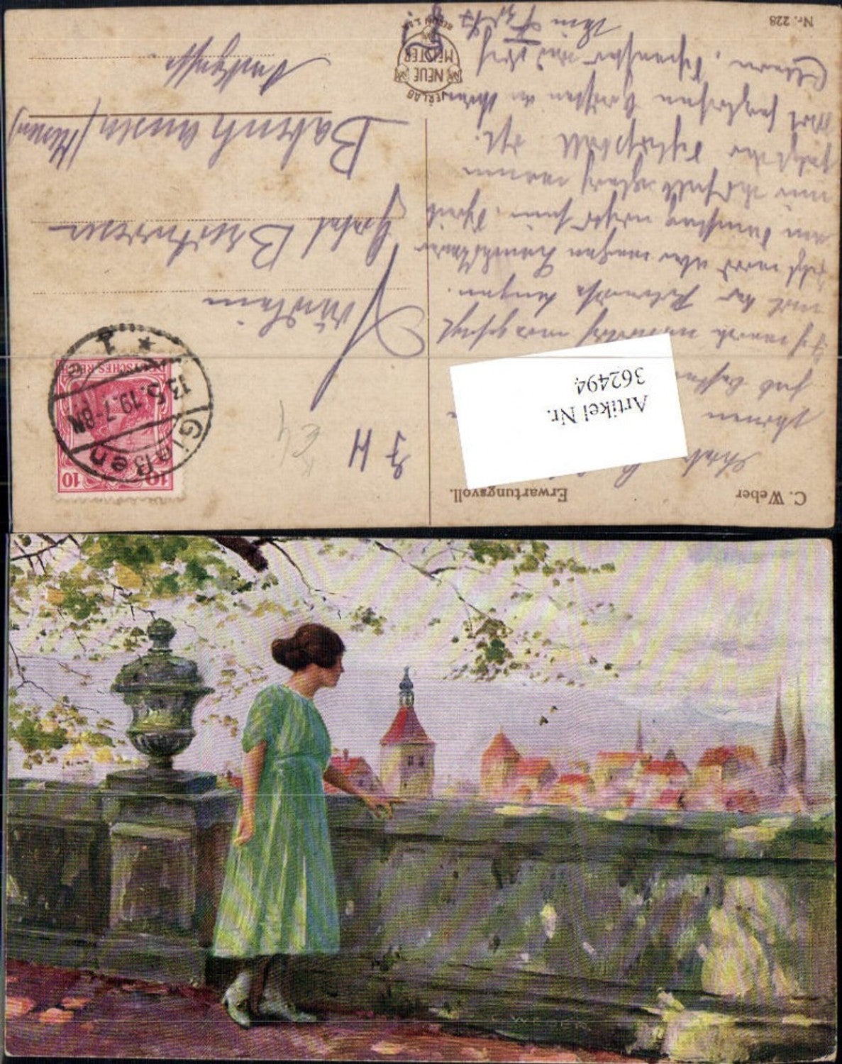 362494,Künstler Ak C. Weber Erwartungsvoll Frau a. Mauer Stadt i. Hintergrund