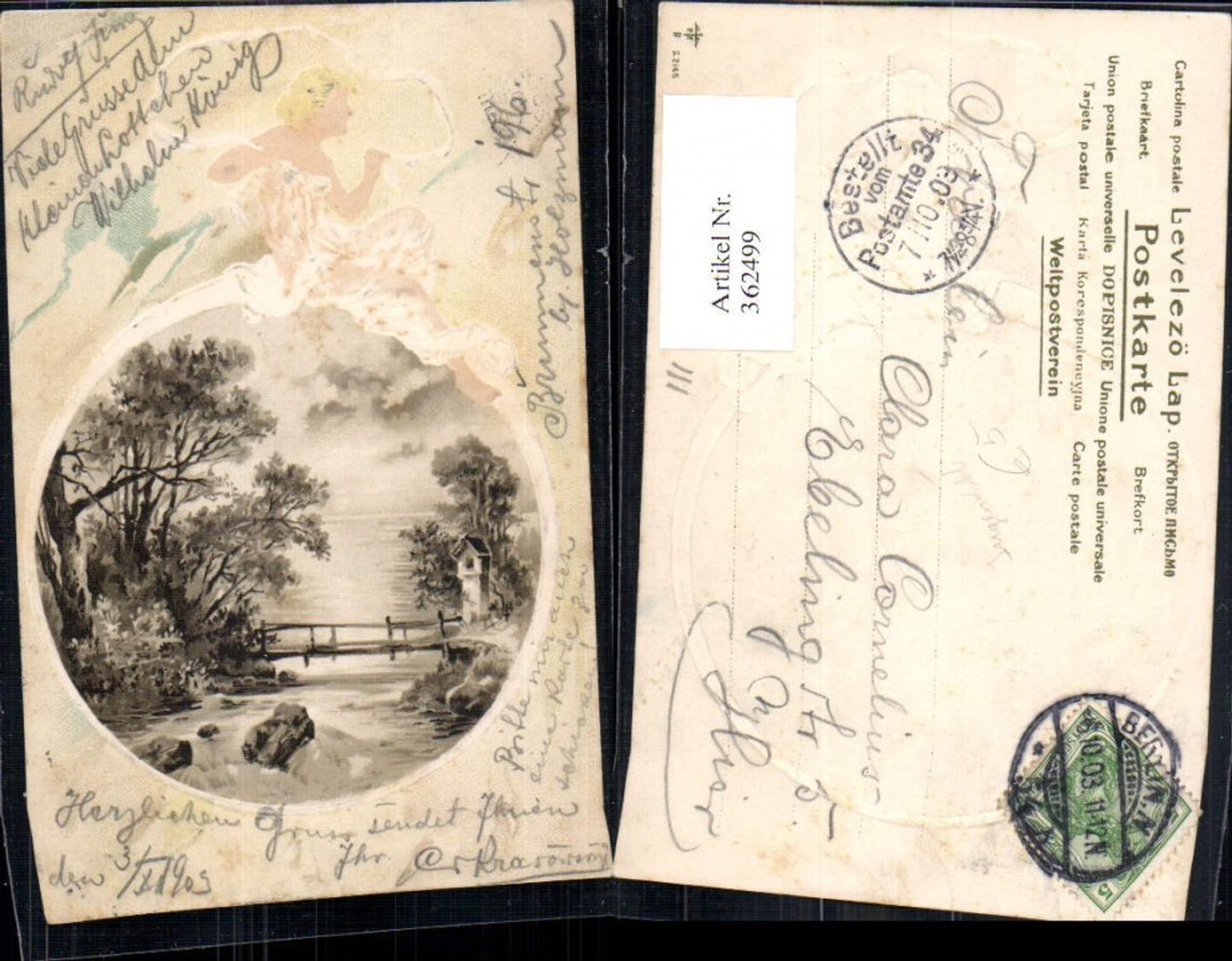362499, embossed artist, AK, Art Nouveau, wayside shrine, bridge, landscape, woman, passe-partout
