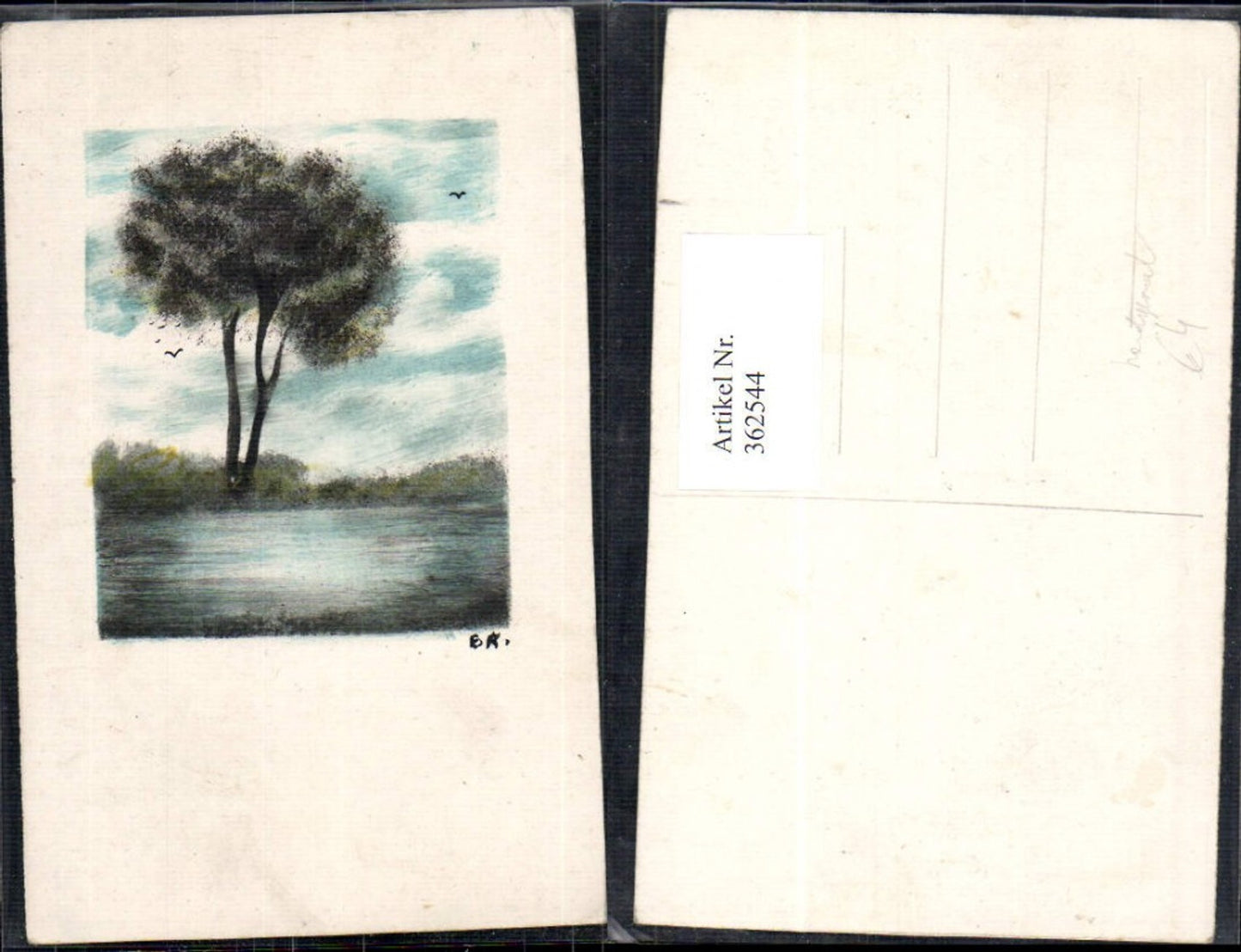 362544,Künstler Ak Handgemalt Baum See Vögel Landschaft Passepartout