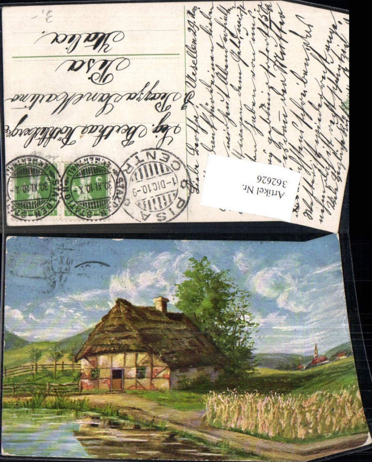 362626,Künstler Ak Bauernhaus Reetdachhaus Landschaft