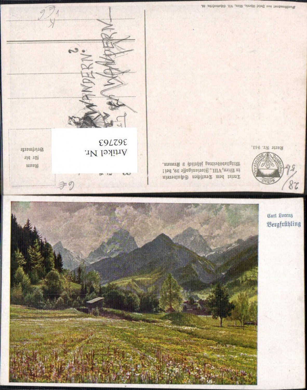362763,Deutscher Schulverein 943 Künstlerkarte Carl Lorenz Bergfrühling Landschaft