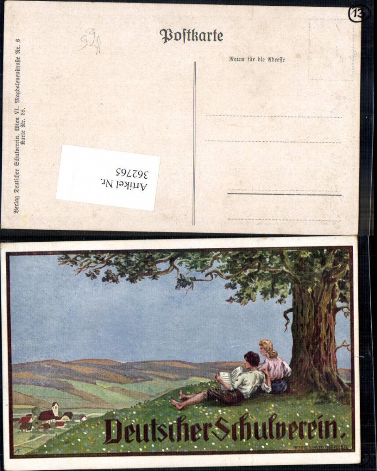 362765,Deutscher Schulverein 38 Künstlerkarte Hanns Waltenberger Paar Lesen Baum