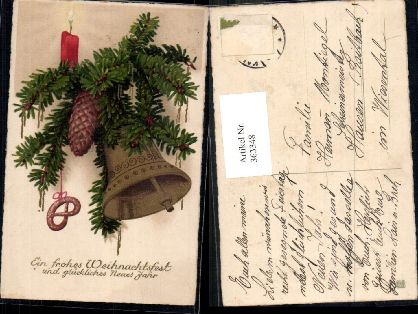 363348, Artist Ak Christmas Fir branch Bell Candle Cone