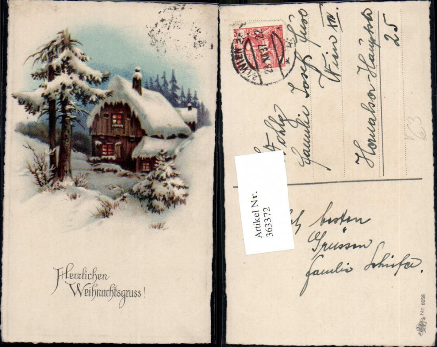 363372, Artist Ak Christmas Illuminated House Winter Forest pub Erika 6058