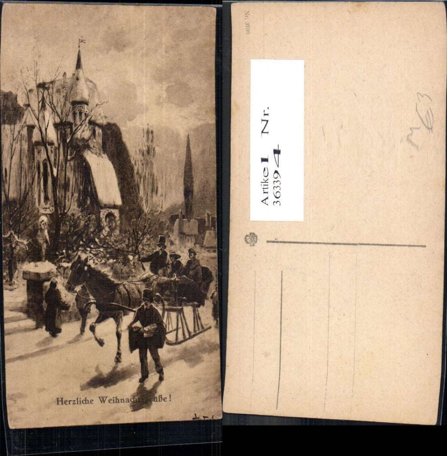 363394,Künstler Ak Weihnachten Winterdorf Pferdeschlitten Postbote