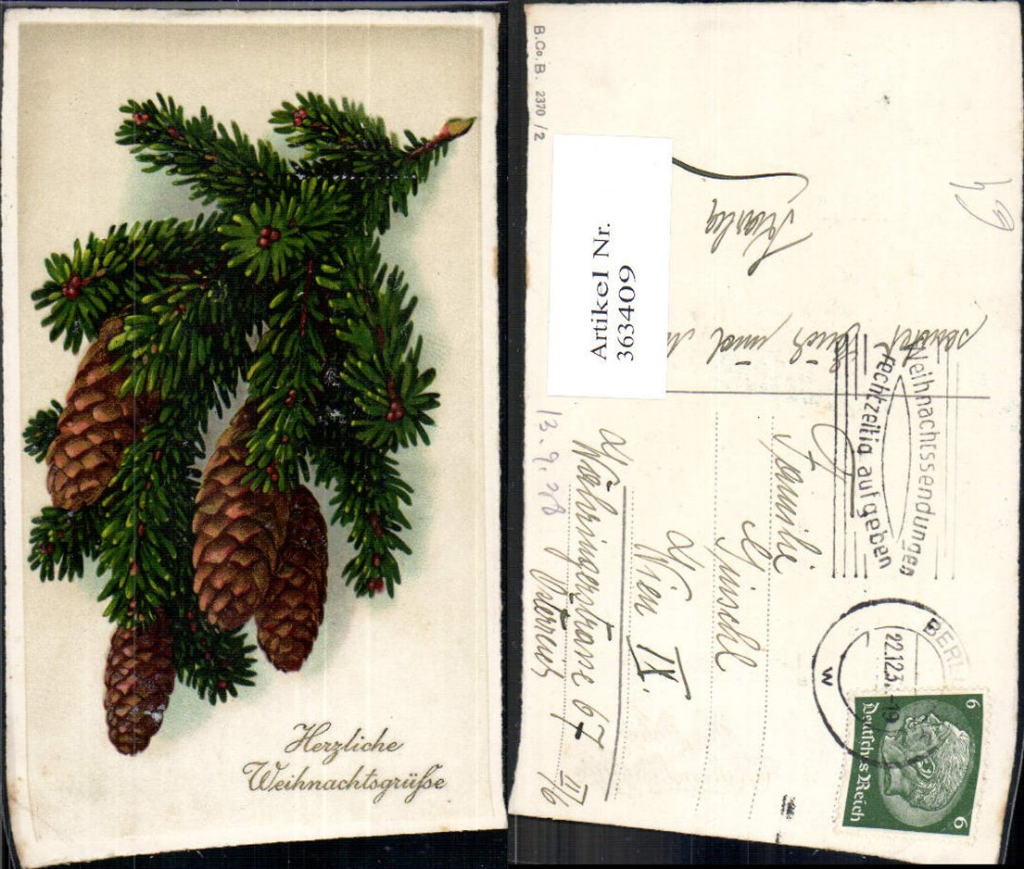 363409, Artist Ak Christmas Fir branch Cone Gold lettering
