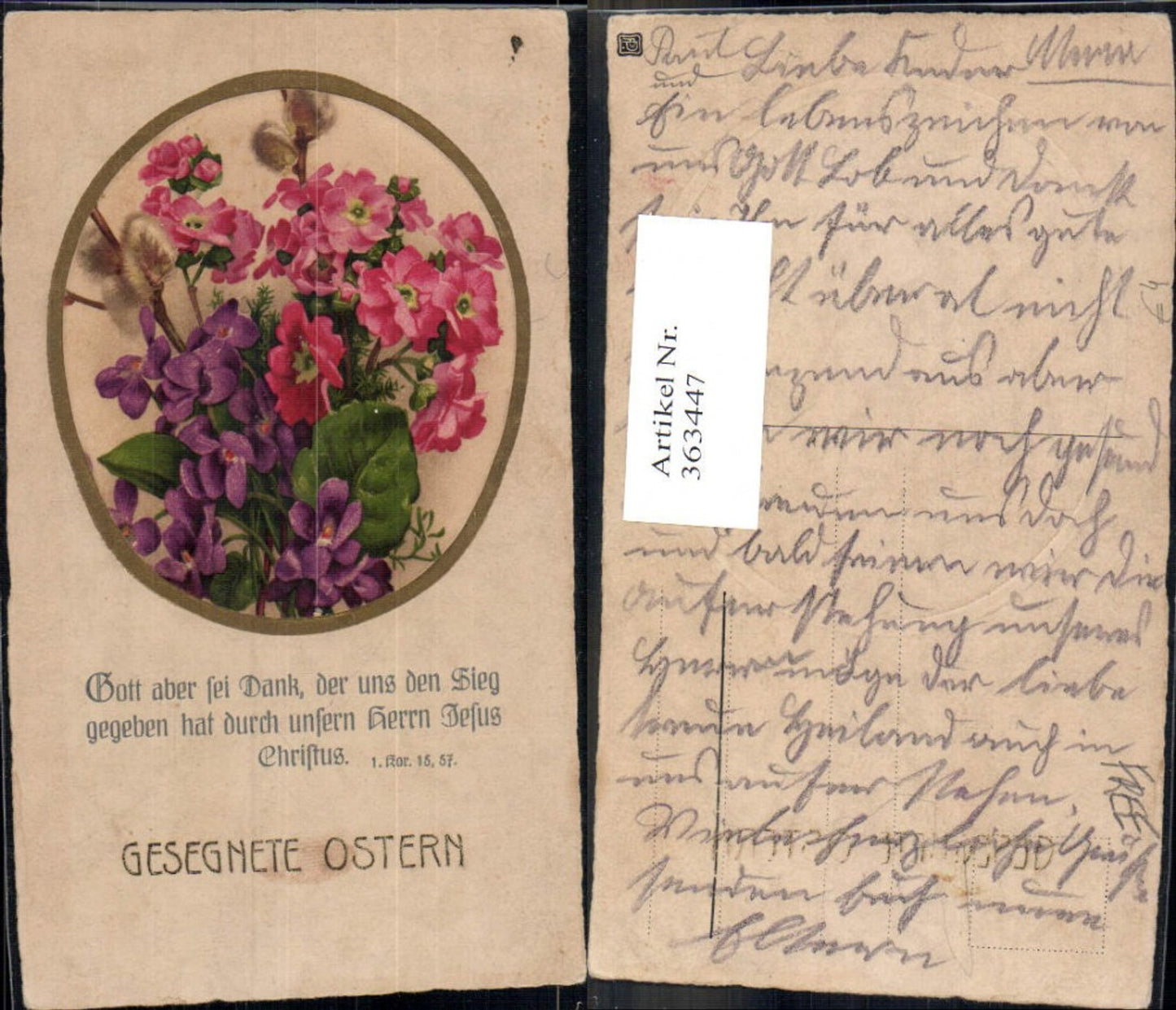 363447,Künstler Ak Ostern Blumen Veilchen Palmkätzchen Passepartout Spruch Text
