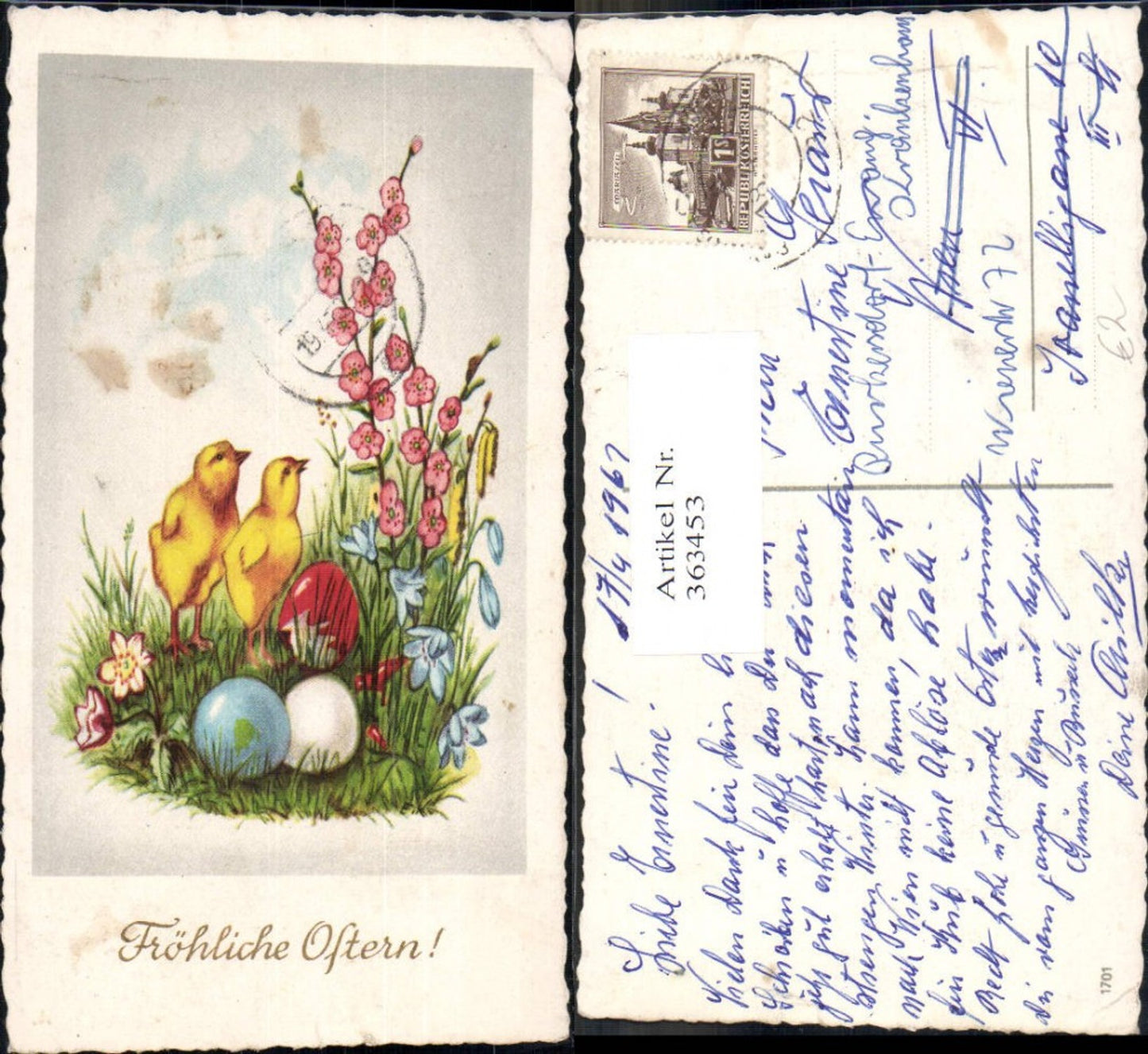 363453,Künstler Ak Ostern Küken Ostereier Blumen Blütenzweig