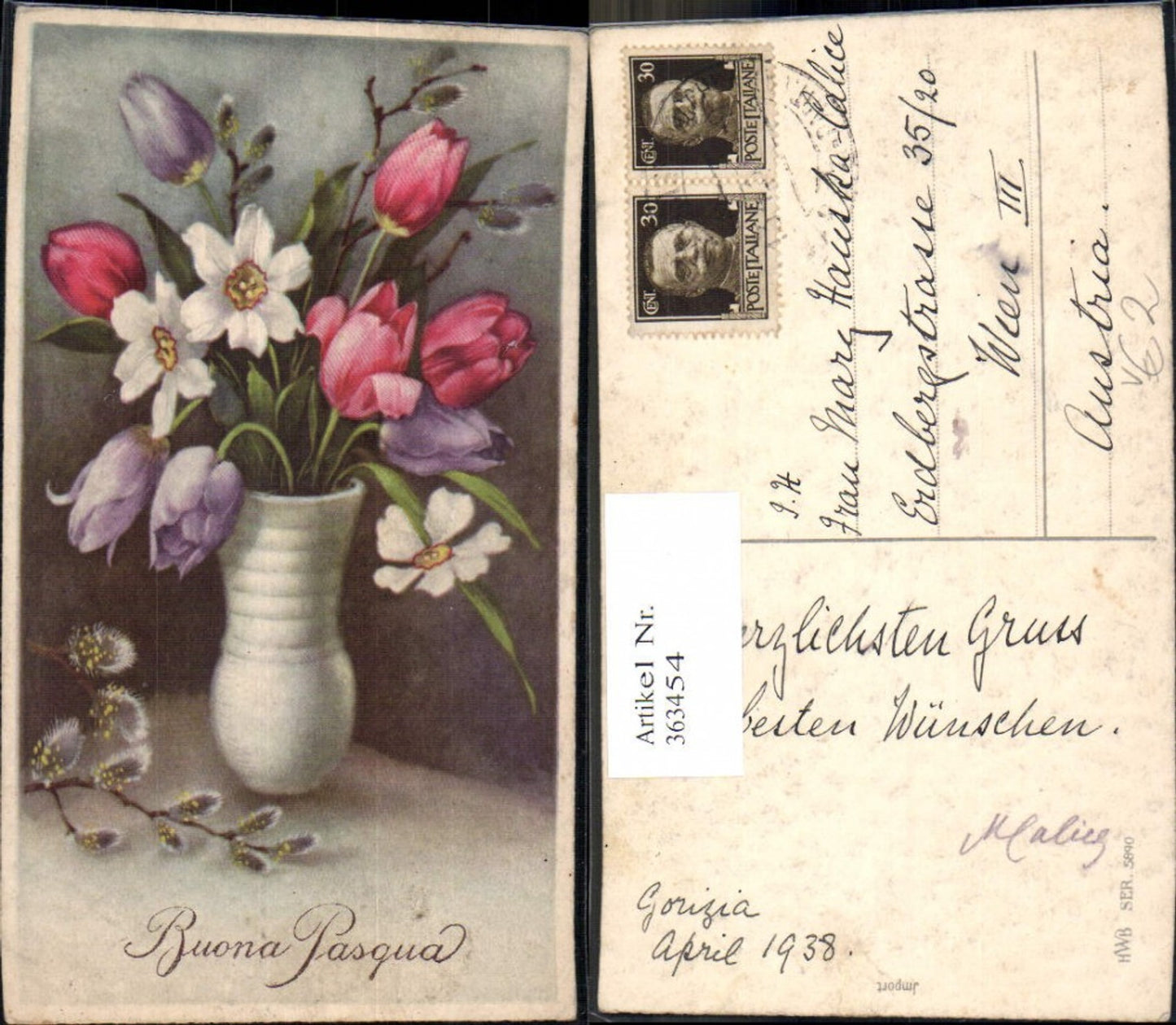 363454,Künstler Ak Ostern Vase m. Blumen Tulpen Palmkätzchen Buona Pasqua pub HWB 5890