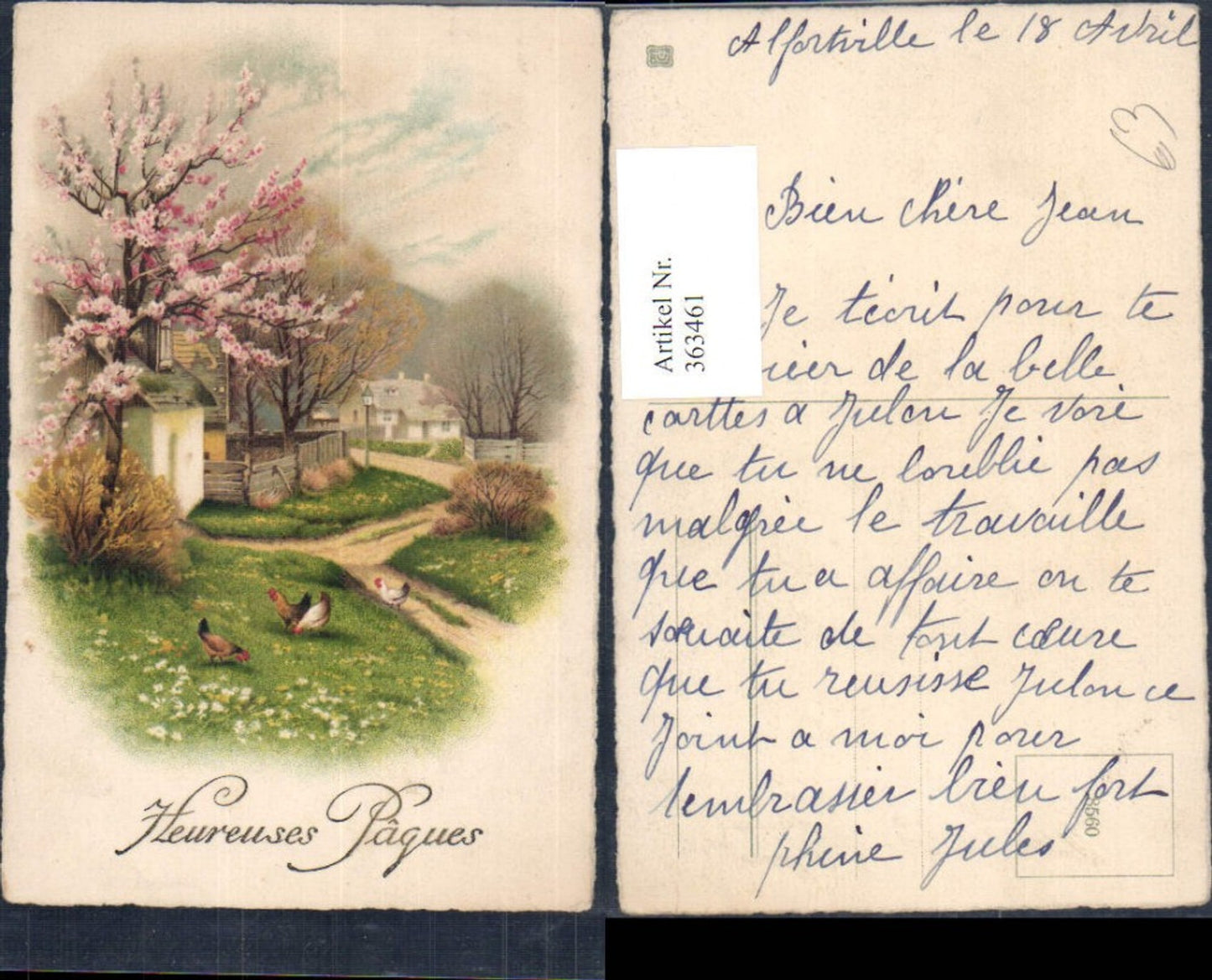 363461,Künstler Ak Ostern Hühner Hahn Hof Bauernhaus Baumblüte Goldschrift