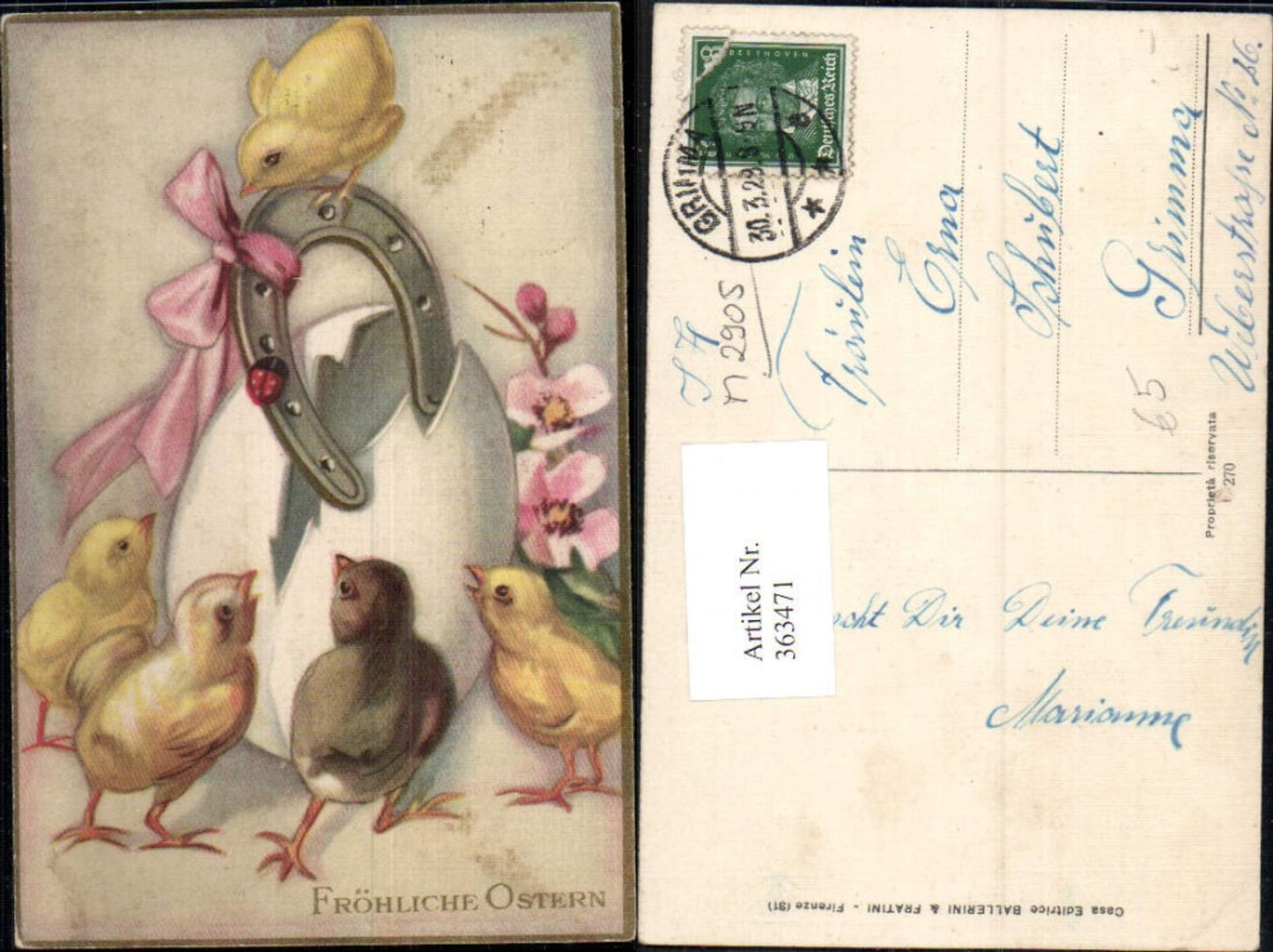 363471,Künstler Ak Ostern Küken Ei Eierschalen Schleife Huteisen Marienkäfer Blume