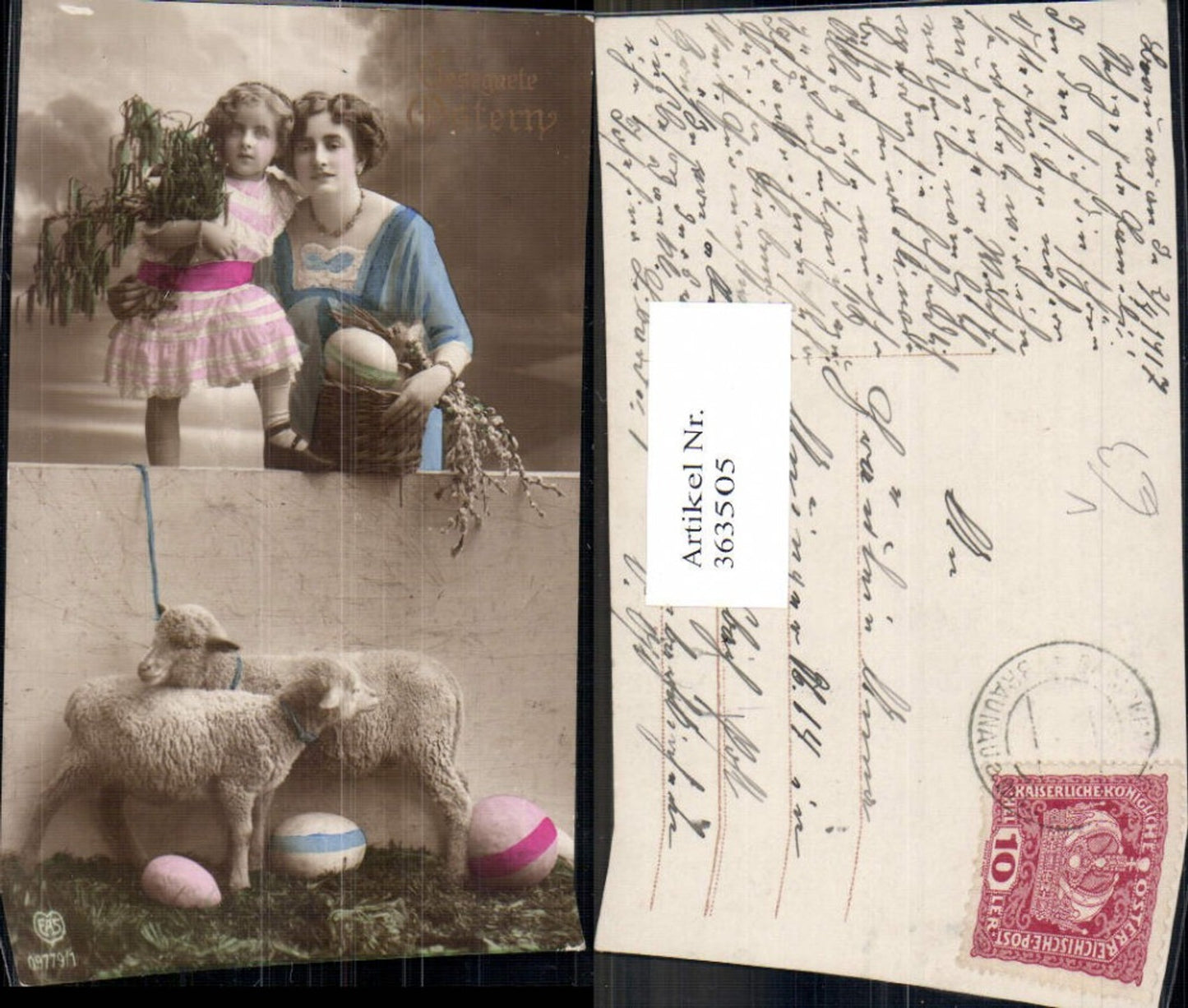 363505, Artist Ak Easter Woman with Girl Sheep Easter Eggs Eggs pub EAS 09779/1
