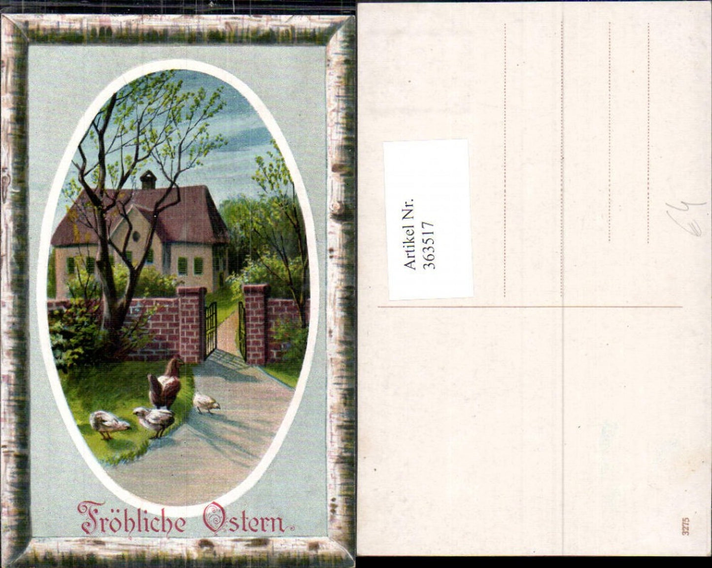 363517,Künstler Ak Ostern Hahn Hühner Gartentor Haus Passepartout