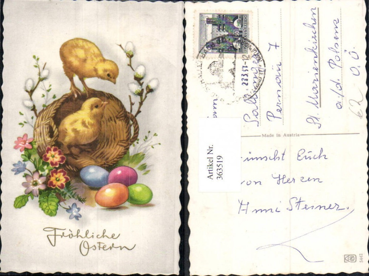 363519,Künstler Ak Ostern Küken Korb Ostereier Blumen Palmkätzchen Goldschrift