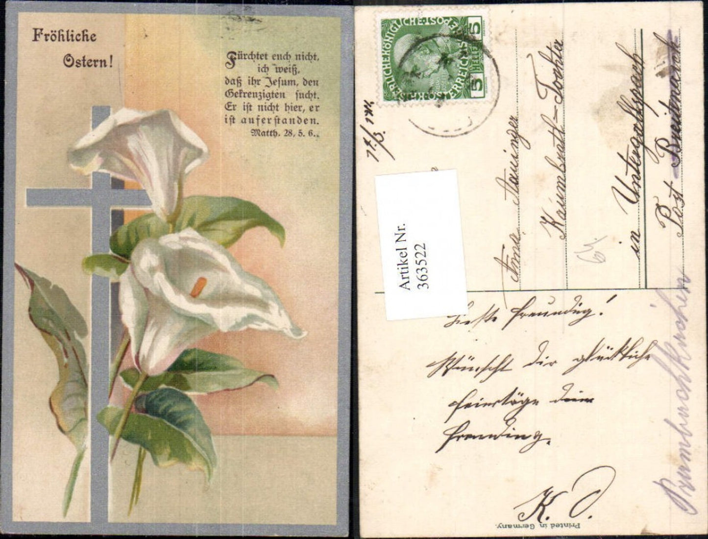 363522,Künstler Ak Ostern Calla Blumen Kreuz Spruch Silberverzierung