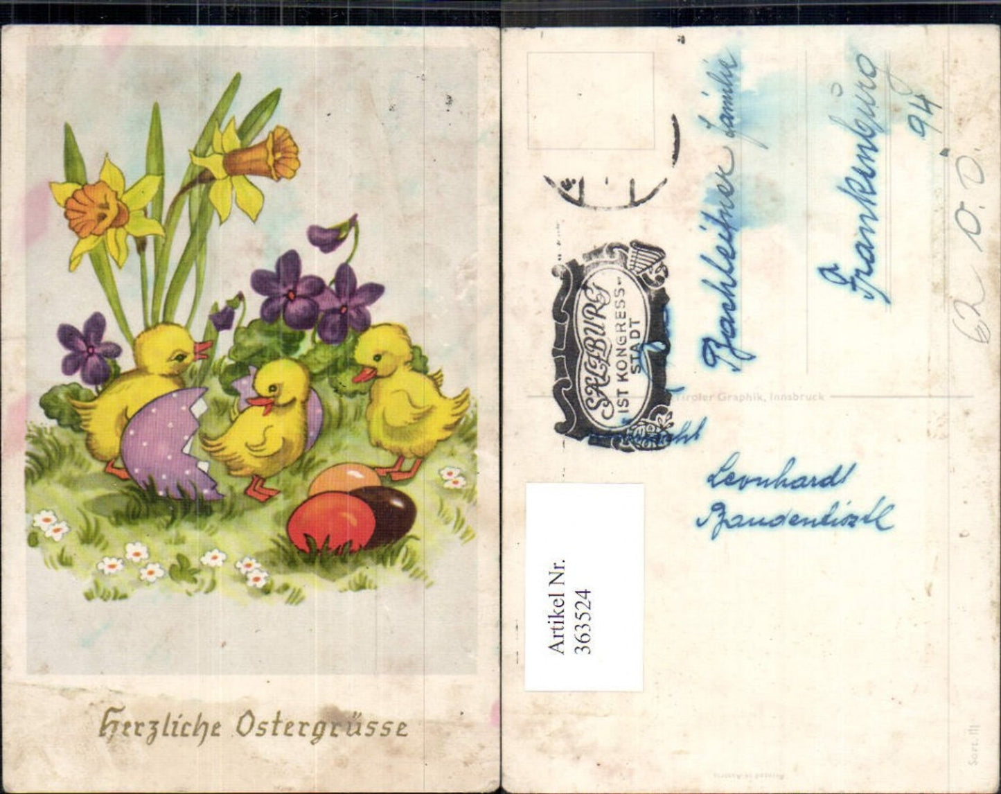363524,Künstler Ak Ostern Küken Eierschalen Ostereier Eier Blumen Narzissen Veilchen